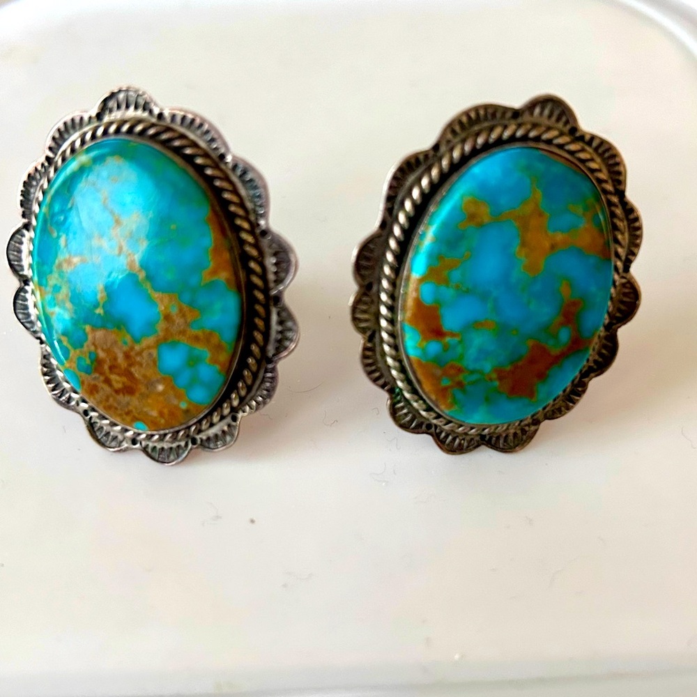 Navajo turquoise sterling stud clip on earrings large with ribbed detailing